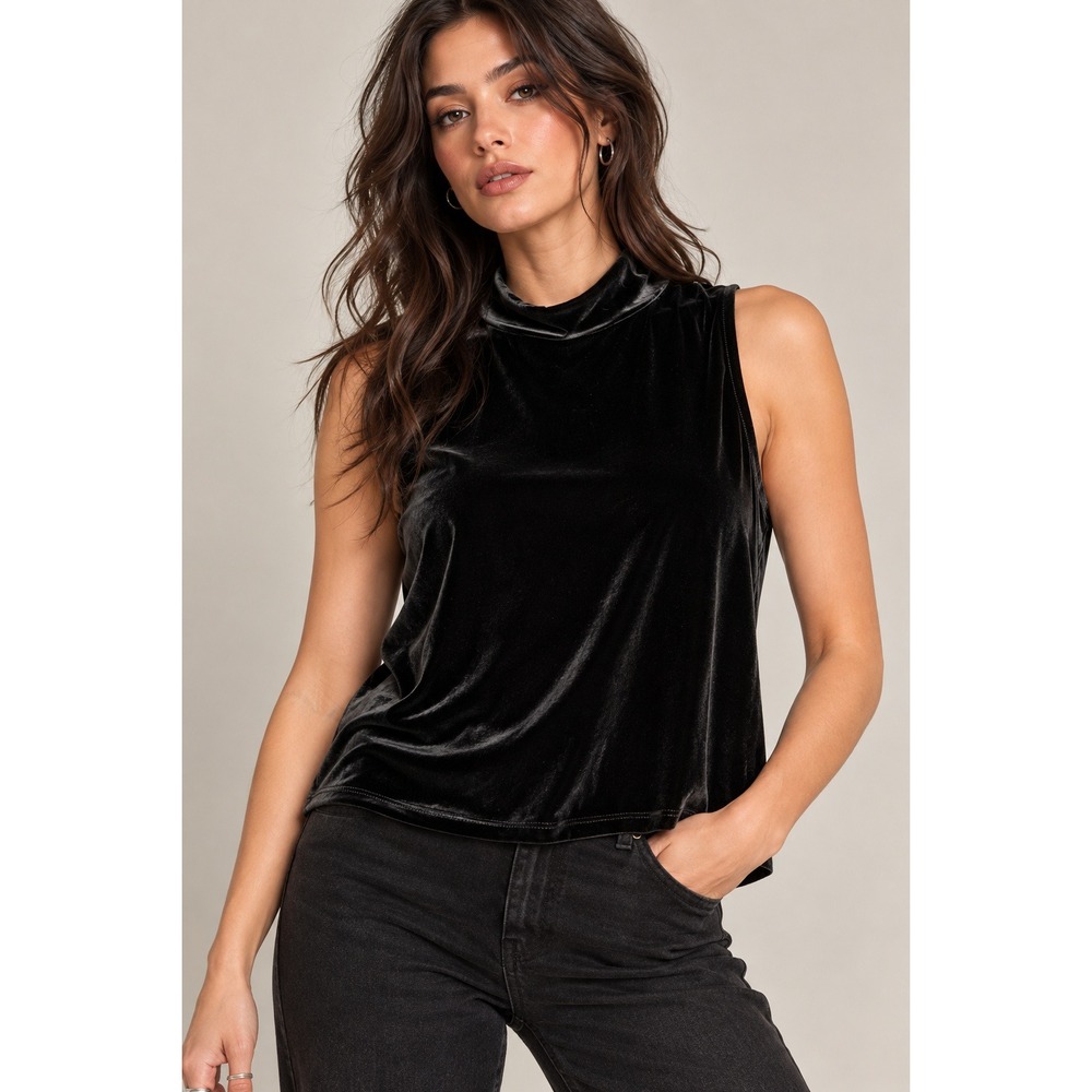 Goth Quiet Luxury Black Velvet Mock Neck Tank Top Preppy Evening Date XL LOFT
